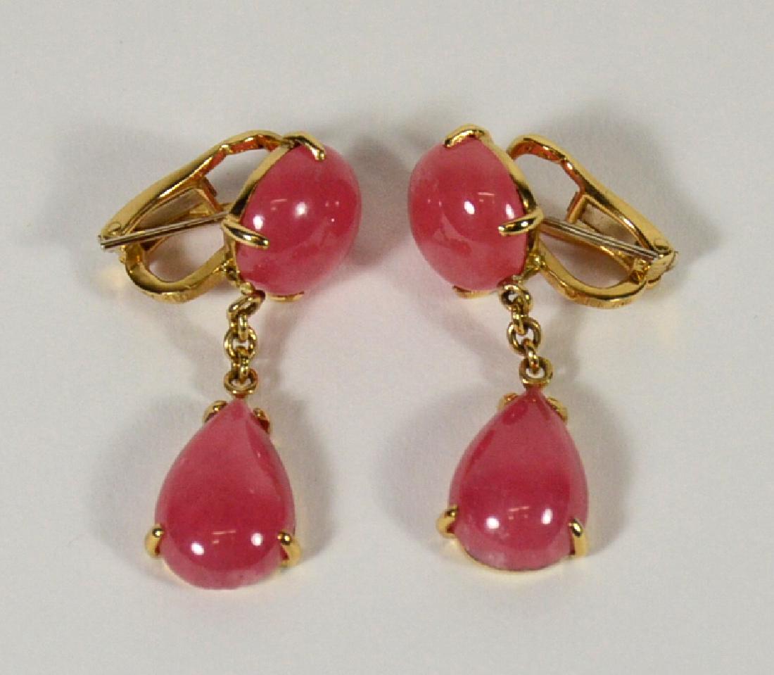 Pair of 18K Yellow Gold & Rhodochosite: Drop earrings, with foldable post and omega clips. Each 1-1/4"l. From Claus Vollrath Inc., Mt. Kisco, New York.
