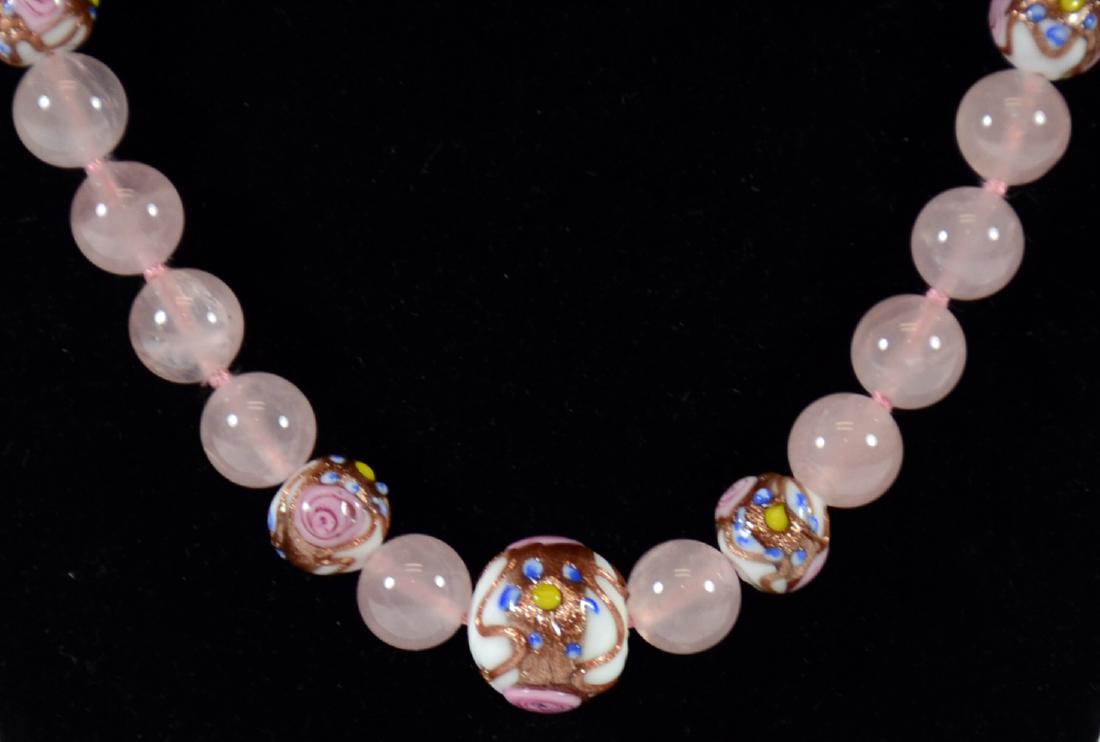 Rose Quartz & Murano Glass Beaded: Necklace with 18K yellow gold clasp. 18.5"l. From Claus Vollrath Inc., Mt Kisco, New York.