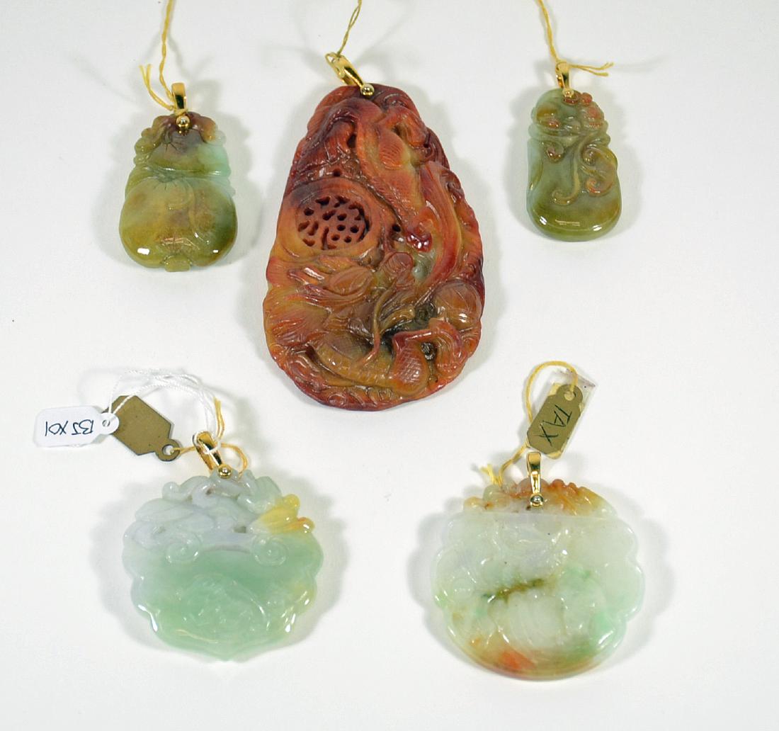 Five Gold Mounted Carved Jade Pendants (1 of 7)