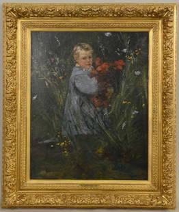 Oil on Canvas, "Boy Standing in Tall Grass": After Mary Cassatt. Sight size: 31-1/2"h x 25"w