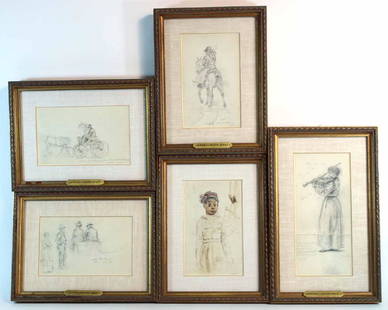 Five Pencil and Ink Double Sided Sketches: Edward Lamson Henry (1841-1919), comprising, a sketch of Enoch Wood Perry, Returning from Church, East Hampton, The Violinist, Study of Child, and Riding on a Pillar. Sight size Apx. 7"h x 4-1/2"w