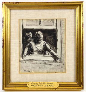 Watercolor and Ink Drawing, Robert Henri: Bears signature l.l., titled "Looking out the Window," verso retains old auction house label. Sight size: 6"h x 5"w