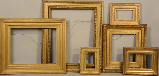 Group of Six Gilt Frames: 20th C., of varying sizes, one bears plaque "Childe Hassam" and retains an Eli Wilner and Co., Inc. label. Sizes from 14-3/4"h x 11"w to 39-1/2"h x 33-1/2"w