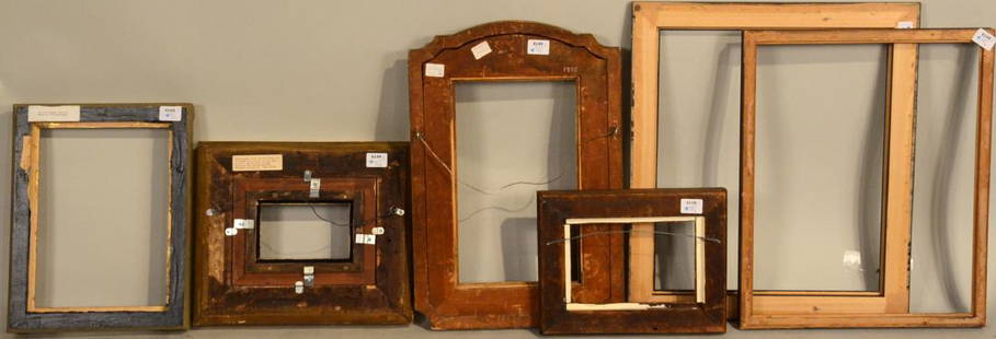 Group of Six Frames: 19th/20th C., of varying sizes, one bears label detailing it was purchased at Julius Lowy, another bears a printed label for a Maurice Predergast painting, another bears and old Sotheby's inventory st