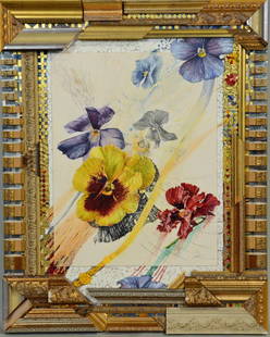 Mixed Media on Wood and Cardboard, Fred Nall: (American, b. 1948), titled "Byzantine Pansies," dated 1999, signed l.r. and verso. 39-3/4"h x 31-1/2"w x 2-3/4"d