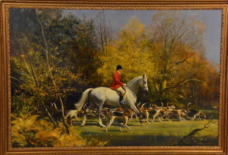 Oil on Canvas, "Going out with Hounds," F Wootton: Frank Wootton (English/American, 1911-1998) signed l.r., verso bears an accession label with title, date, and artist. Sight size: 35-3/4"h x 53-1/4"w