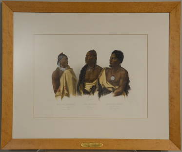 Aquatint and Engraving "Three Cheifs": With Hand Coloring, Tab 7 after Karl Bodmer (1809-1893), published by Ackermann & Co., November 1840, paper stamped C. Bodmer. Sight size: 15"h x 20-1/2"w