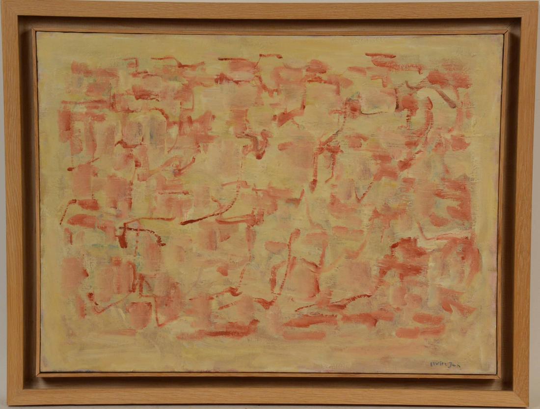 Oil on Canvas, Elvira Jan, Collage: "Red Writing," signed l.r. framed. 21"h x 28 1/2"w sight