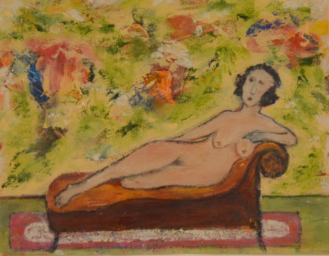 Pastel on Paper, Harriet Wiseman: "Reclining Nude," framed and matted. 4"h x 8 1/2"w