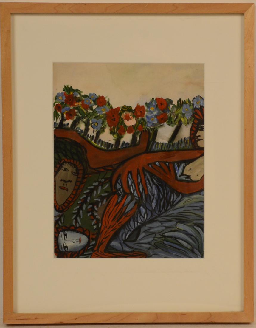Gouache on Paper, Janet Sobel: (Ukrainian/American, 1894-1968), "Untitled (JSP-366) c. 1943," framed and matted. 9"h x 12"w sight Provenance: D.C. Moore Gallery, New York, New York.