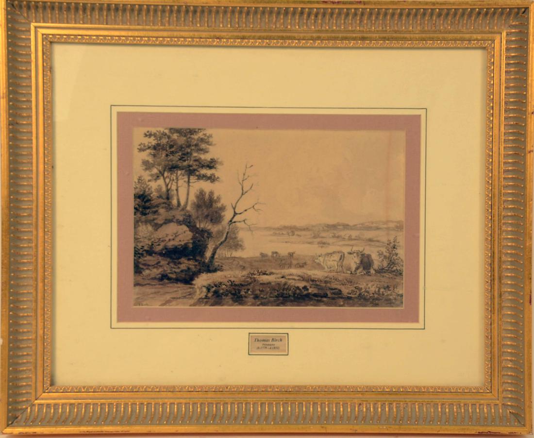 Pen and Ink on Paper, Thomas Birch: Landscape study of the Delaware River. c 1820 6"h x 9-1/4"h