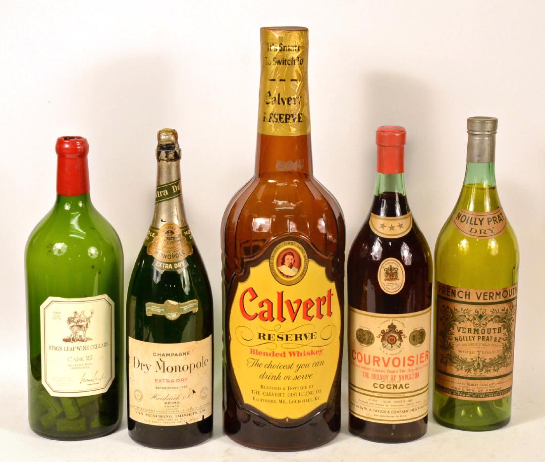 Five Large Empty Bottles of Wine and Alcohol: From 18 1/2"h to0 25 1/2"h