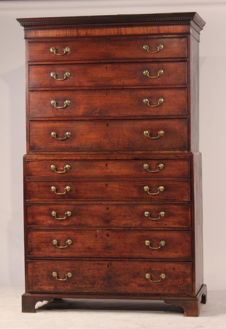 George III Mahogany Secretaire Chest-on-Chest: English, Second Half 18th C. With a secret compartment in the cornice. In three pieces. 6' 5"h x 45"hw x 22"d