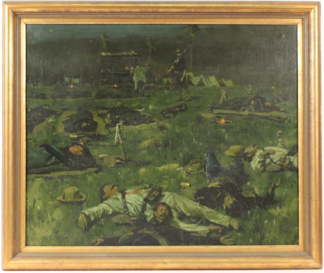 Oil on Canvas, William Gilbert Gaul: (American/New Jersey/Tennessee 1855-1919) Titled, "War". Depictinga Spanish American war battle scene, the slaughter at nightincluding a red cross horse drawn wagon. Painted in 1900. 28"h x 34"w