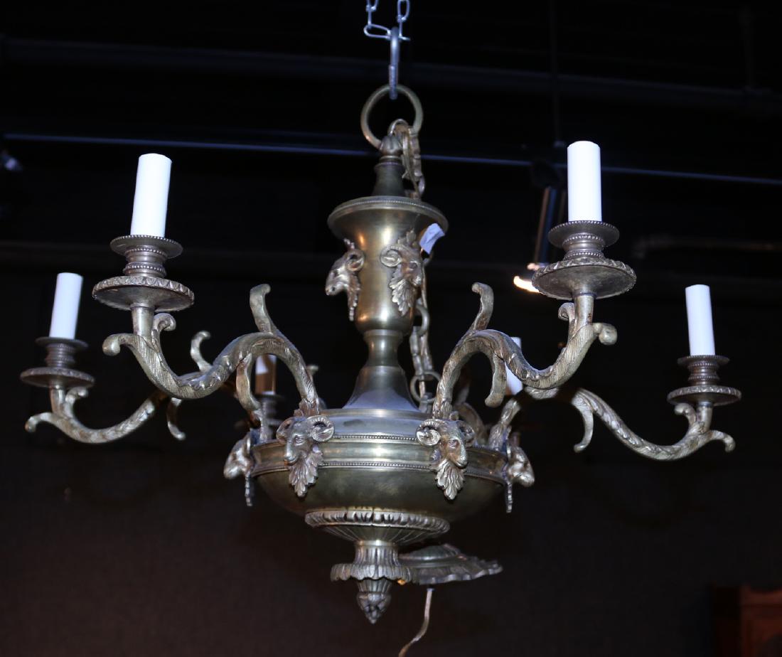 Bronze Chandlier: French with ram's head details. 39"h x 30"d