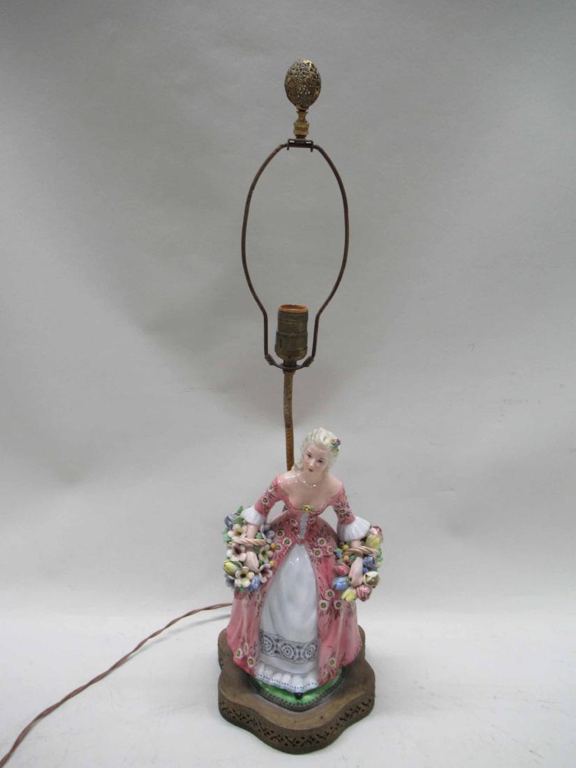 PINK PORCELAIN FIGURAL LAMP OF A LADY: 29"h