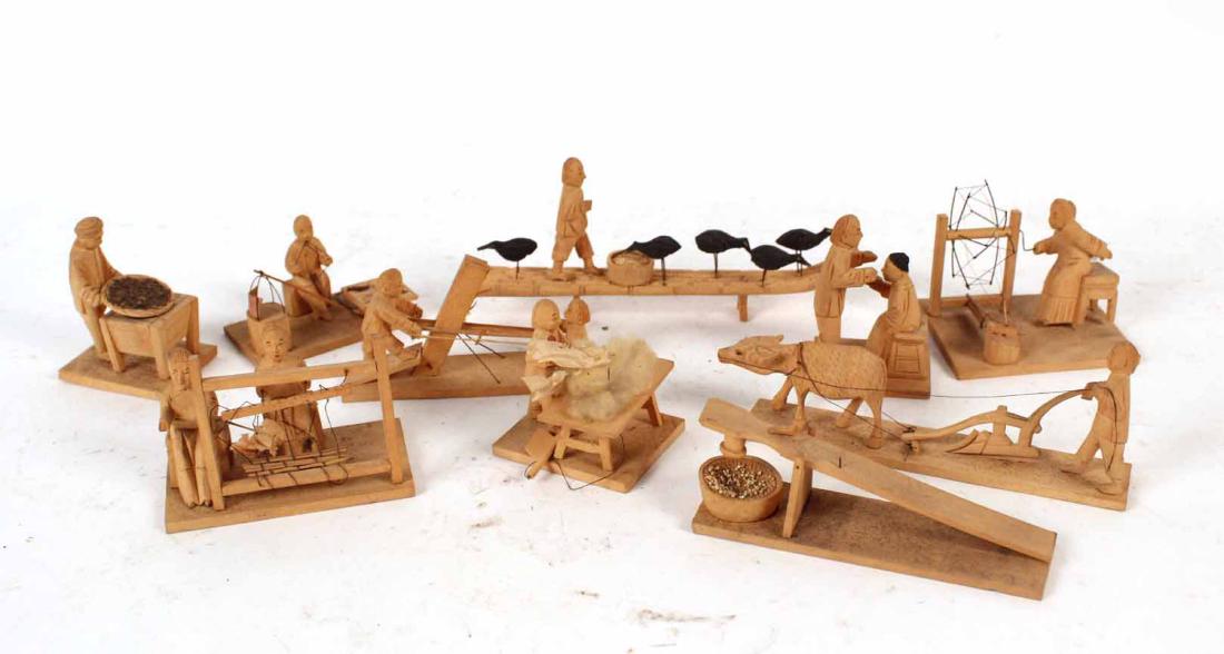 Ten Chinese Carved Wood Figures: Depicting fisherman, farmers and weavers. Tallest 3"h By descent from the Estate of Robert Weeks DeForest and Emily Johnston DeForest.