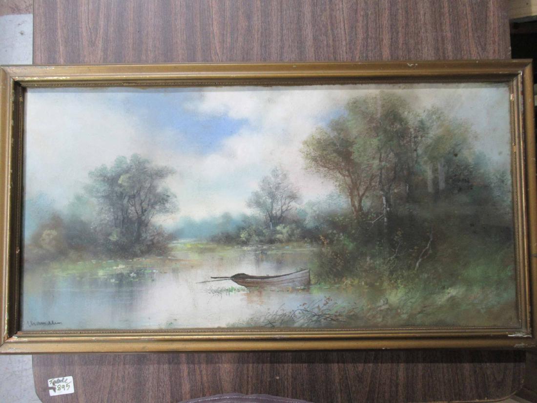 Pastel on paper of landscape with row boat: Signed Chandelier Lower left. Framed size 17 1/4" x 32 1/4"