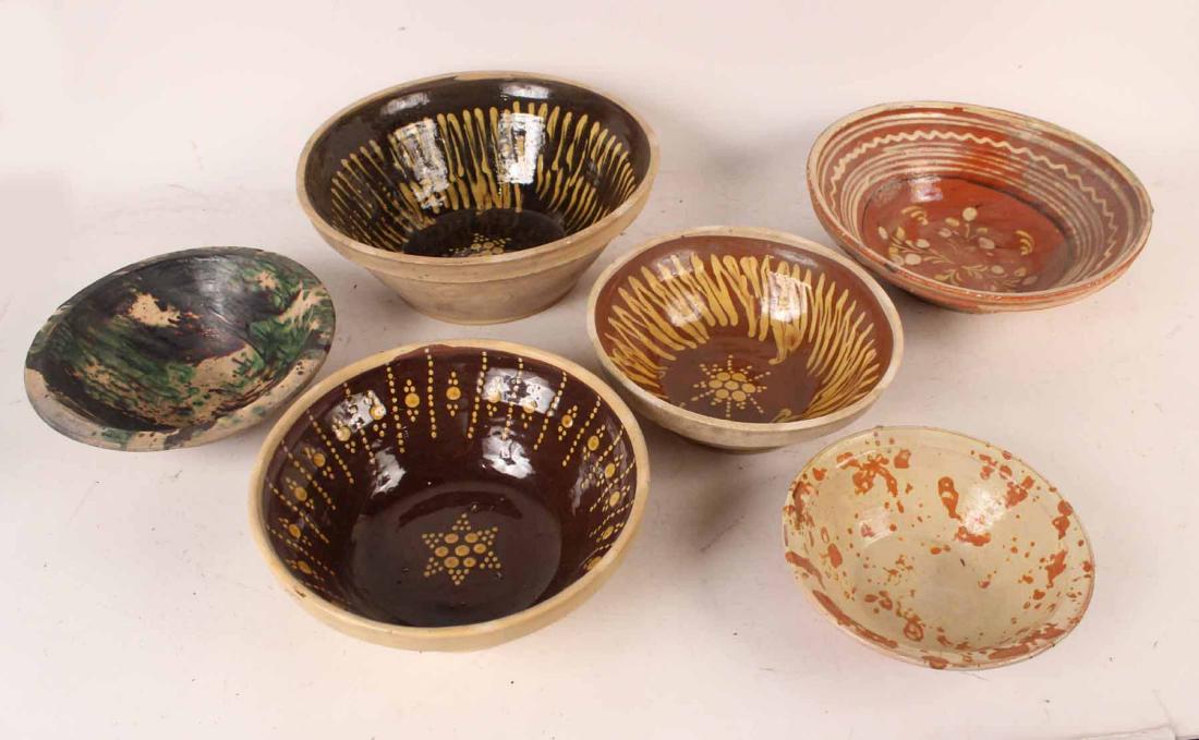 Six Polychrome-Decorated Redware Bowls (1 of 4)