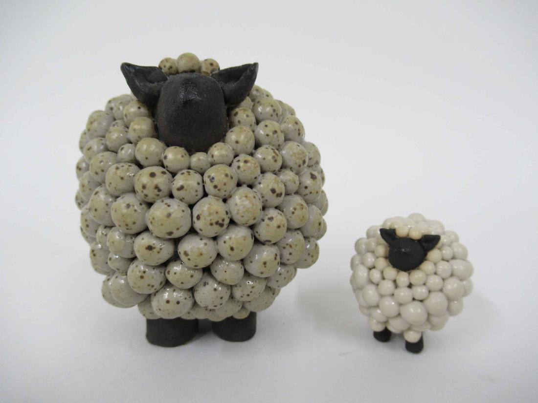 Two MODERN ART POTTERY SHEEP: Signed Sue. largest 3" tall x 2 1/2 wide