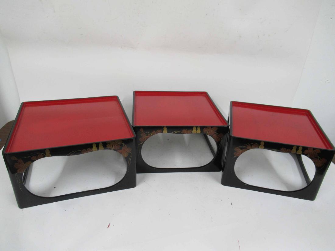 Three Chinoserie Lacquer Nesting Stands: 20th C. 9-1/2"h x 14-1/2"sq.