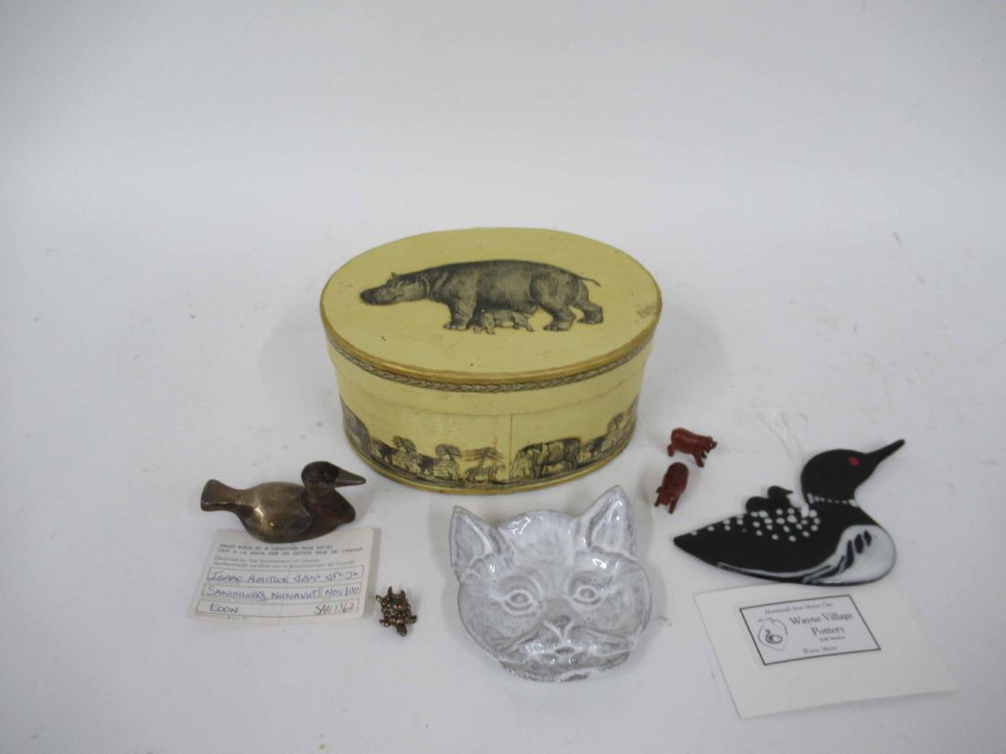 Isaac Amitook Inuk art loon: Together with a pottery loon, Astier De Villatte cat, two pigs and a African decorated Hippo box. Cat 4" x 3 1/2"