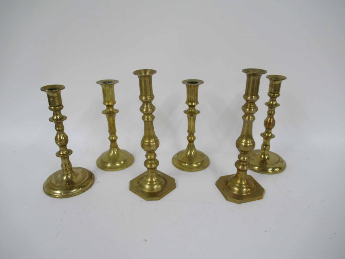 THREE PAIRS OF BRASS CANDLESTICKS (1 of 3)