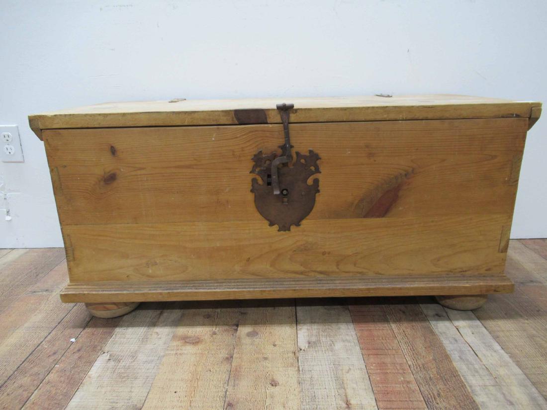 Pine Blanket Box: Iron handles and straps all resting on bun feet. 18 1/2" tall x 39 1/4" long x 17 1/2" deep