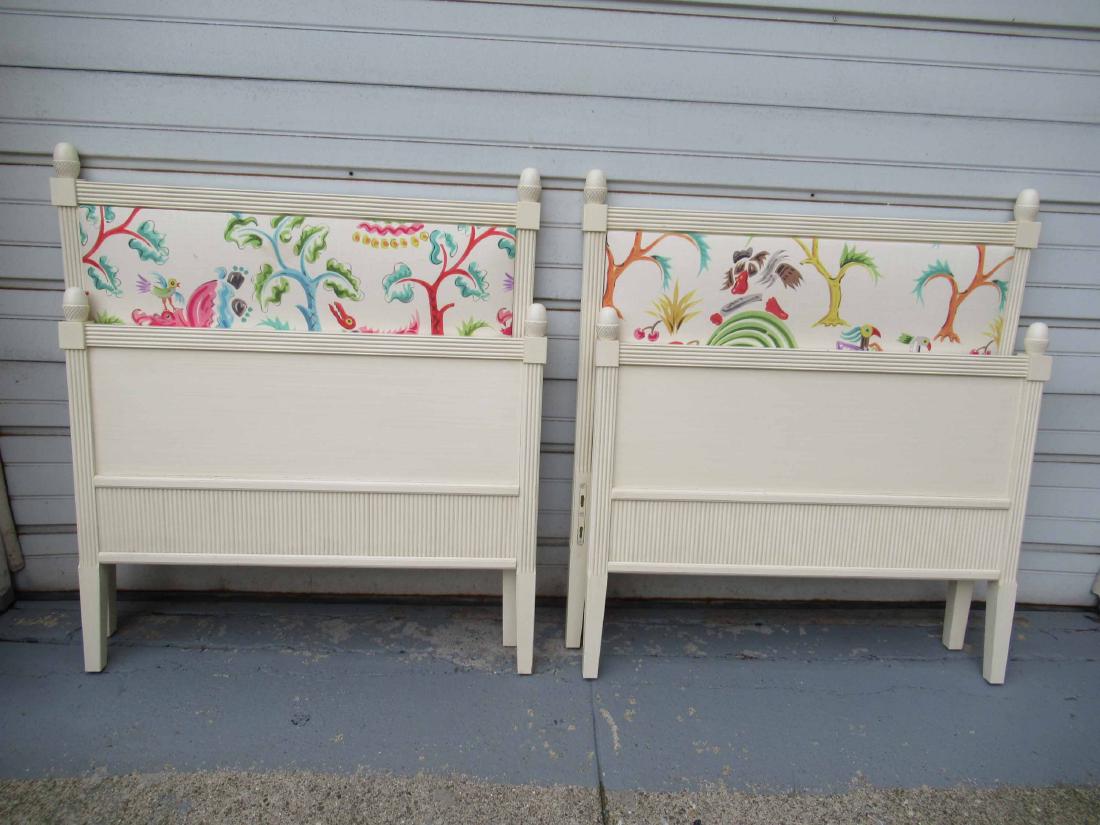 Pair of Contemporary Twin Bedsteads: Ivory Painted and upholstered. 43-1/4"h x 39"w x 81-1/2"l