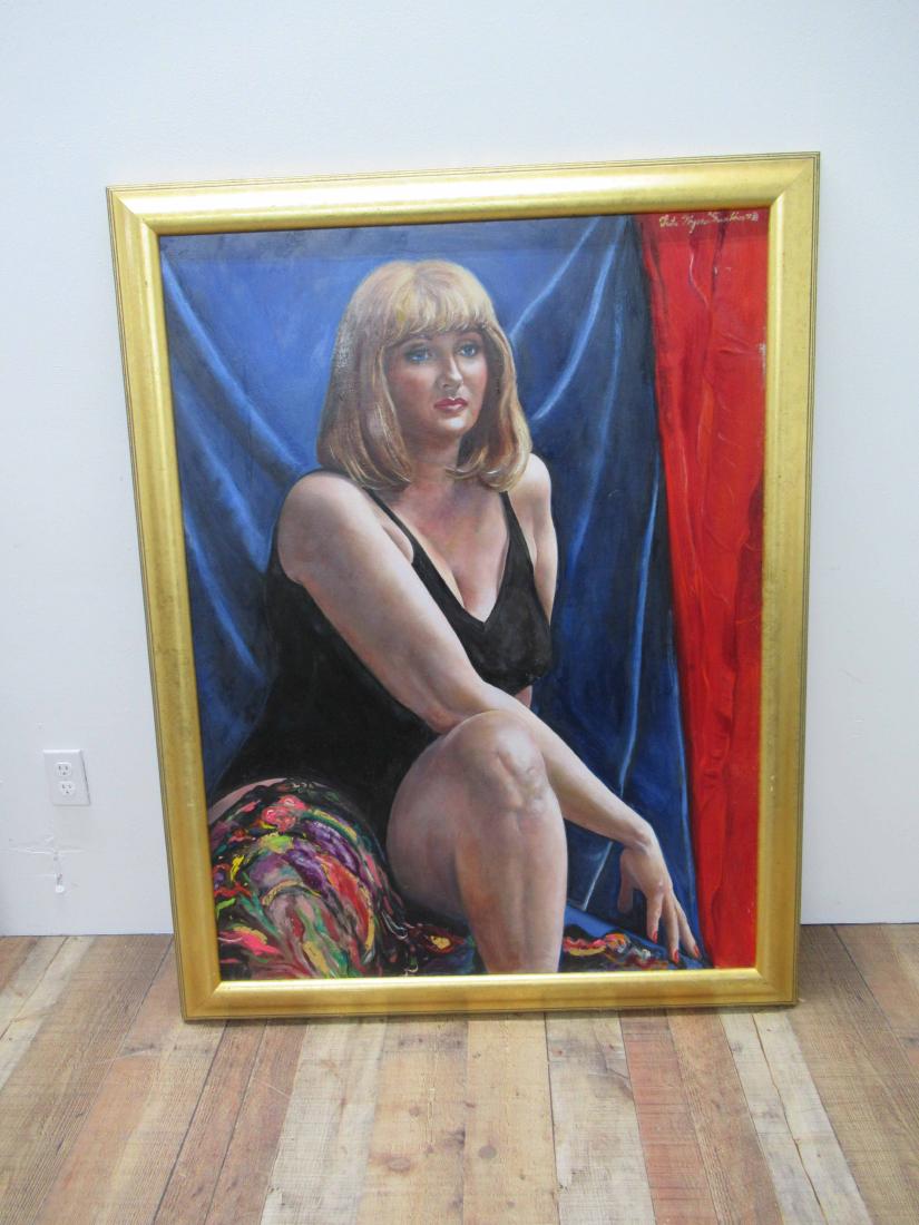 Greta Thyssen Guenther Painting: 1925 - 2018 Oil on board woman in black with blue drape. Greta Thyssen Guenther was Actress / Model, Miss Denmark 1952 and nick named " Queen of the B movies". Framed size 54" x 41"