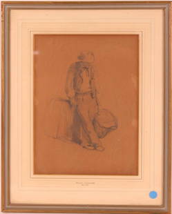 Graphite Drawing, William Callow: (British 1812-1908)Entitled, "John in Paris 1840." Depicting a man with a basket. 13"h x 9"w