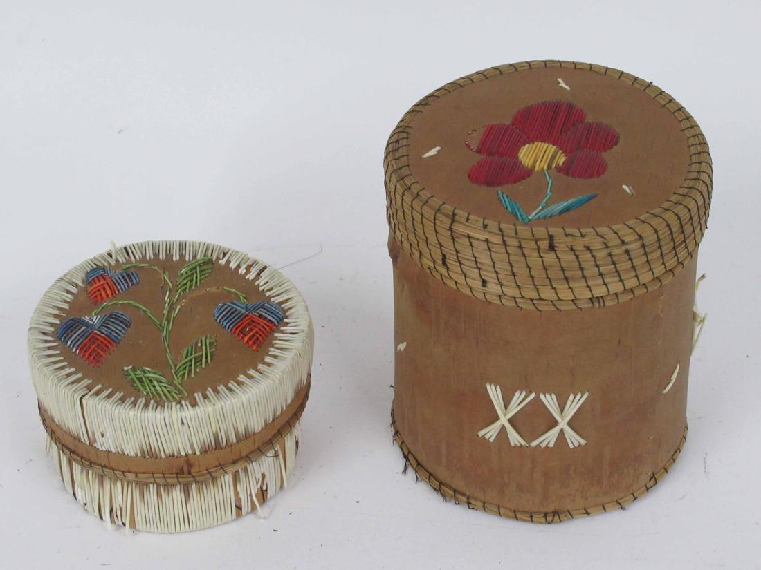 Two Native American covered porcupine birch boxes: With heart and floral decoration. largest 5"tall x 4 1/4" dia