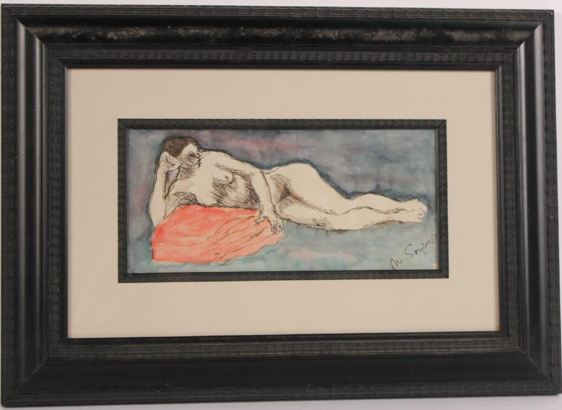 Watercolor, Reclining Nude, Moses Soyer: American (1899-1974) Signed l.r. 5"h x 10 3/4"w