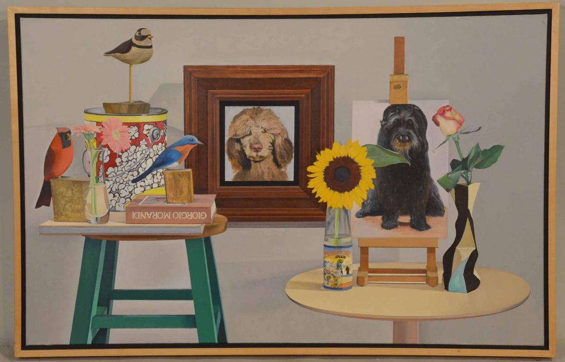 Oil on Canvas, Still Life,Linda Etcoff: With Birds and Dogs. Linda Etcoff (American, b. 1952) Bears label on verso with title and date, 1992. 28"h x 32"w Tatistcheff Gallery, New York, New York