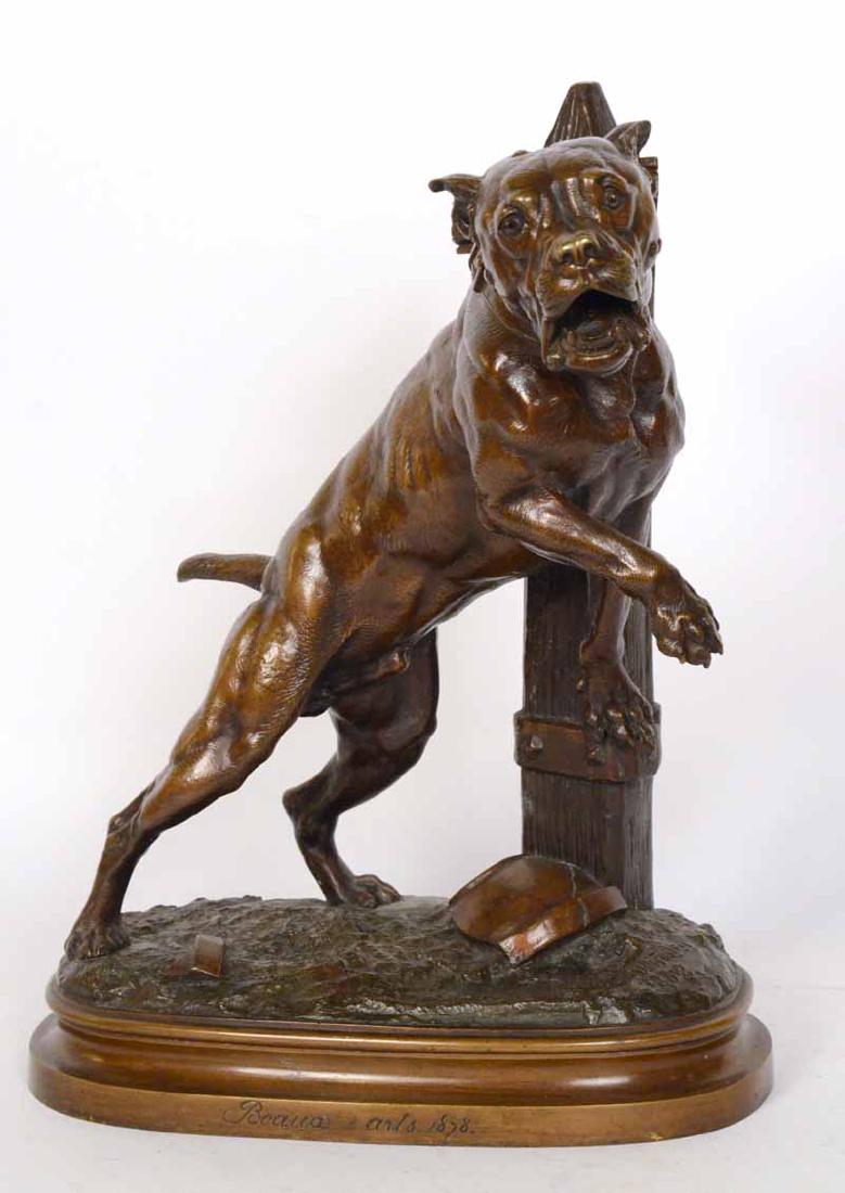 A Beaux Arts Cast Bronze Sculpture of a Dog: Titled "Beware of the Dog" P. Le Courtier, dated 1878. 18"h x 13"w x 7"d