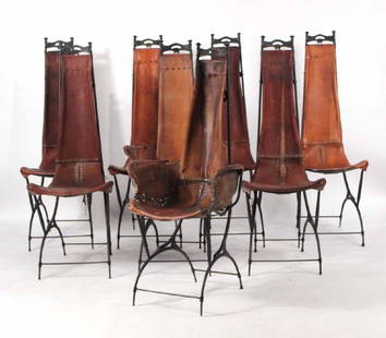 Eight Custom Cast-Iron and Leather Dining Chairs: 20th C. 4'2"h