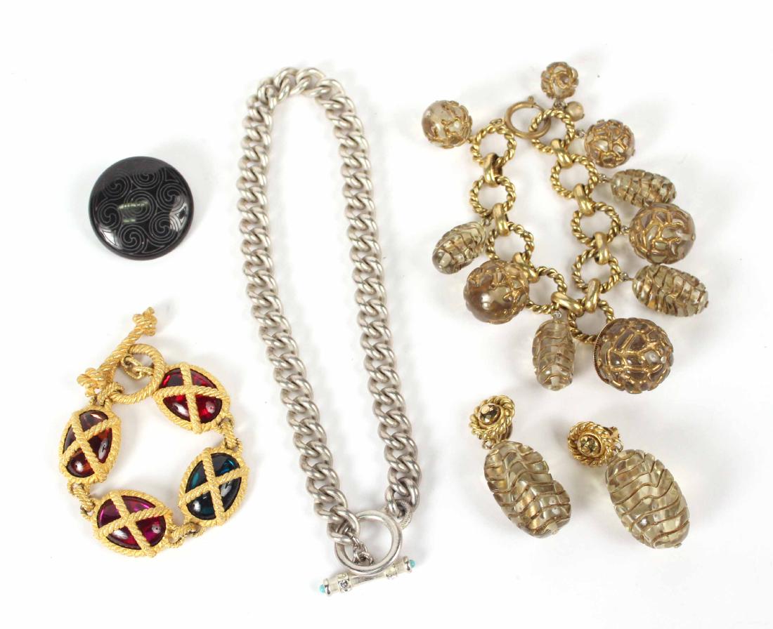 Group of Jewelry Attributed to Mish: Mish Tworkowski, early costume unsigned jewelry, including a bracelet and matching pair of drop earrings, a toggle close bracelet with colored glass, silvered metal toggle close choker necklace. Neckl