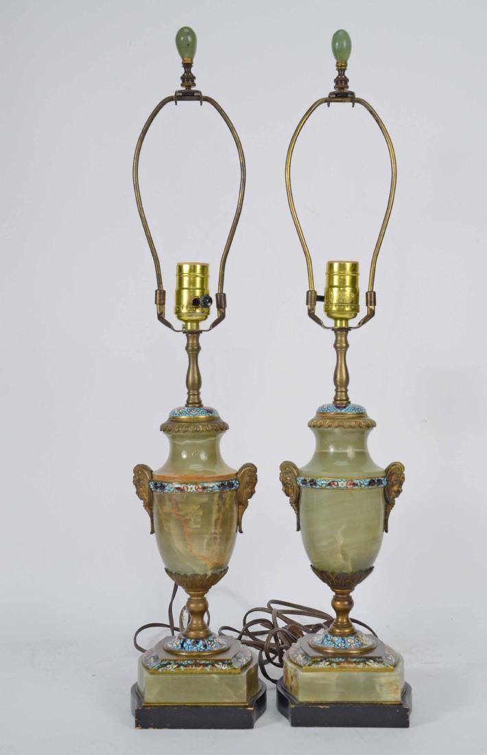 Pair of Green Onyx Cloisonne Enamel Lamps: Urn form with gilt metal mask handles, mounted on conforming black wooden plinth base. Each 17"h.