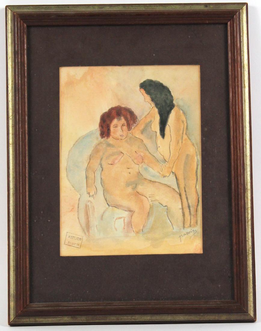 Watercolor on Paper, Jules Pacsin: (French, 1885-1930), signed l.r. "Pascin," depicting two nude women. Sight size: 9"h x 6-5/8"w