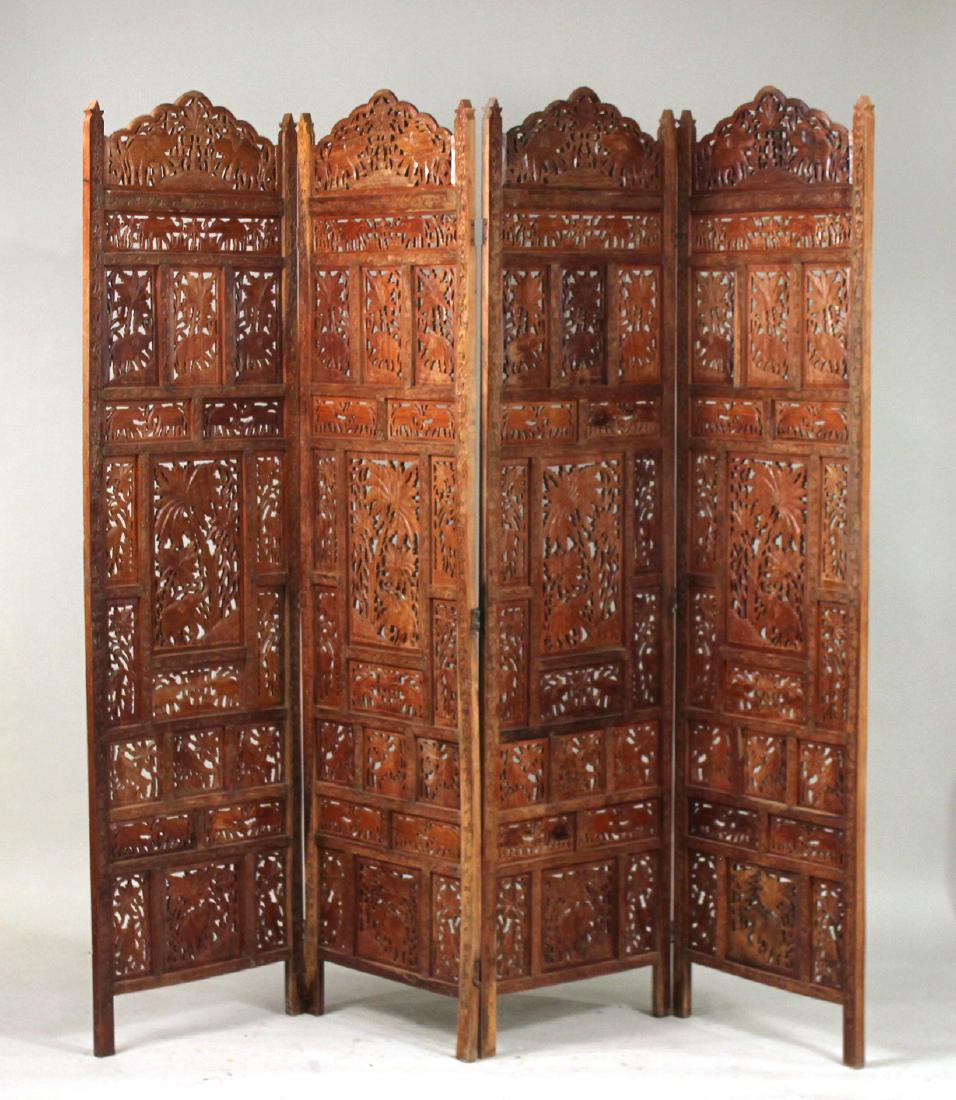 Anglo-Indian Carved Hardwood Four Panel Screen (1 of 4)