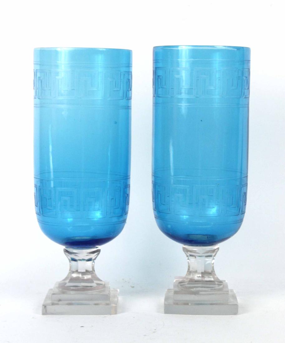 Pair of Blue Etched Glass Hurricane Shades
