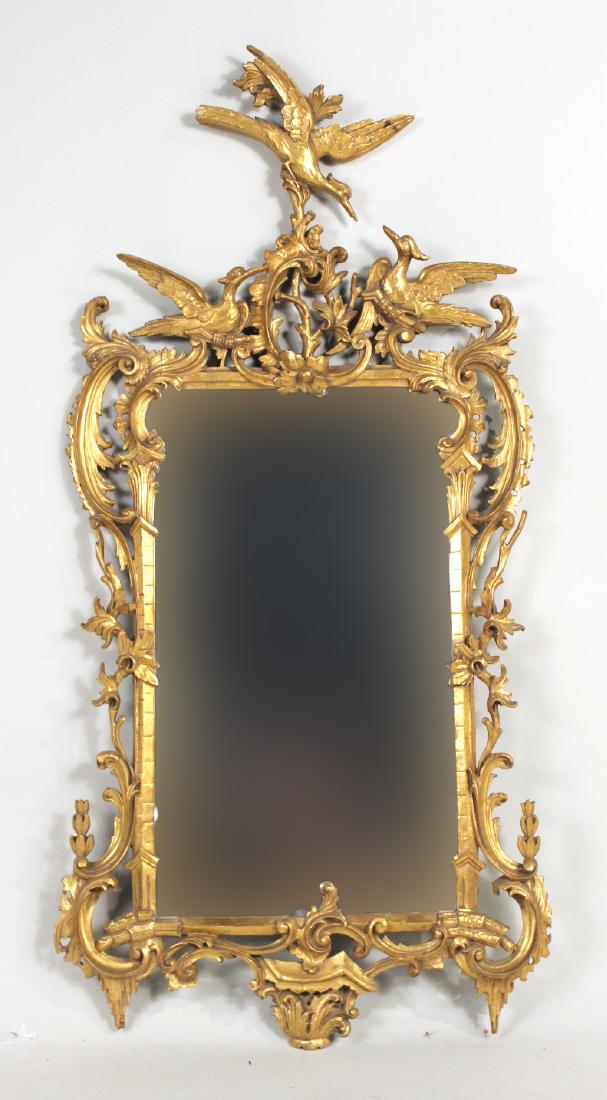 Rococo Chippendale Giltwood Pier Mirror: 19th C., with phoenix finial. 4'10"h x 29"w