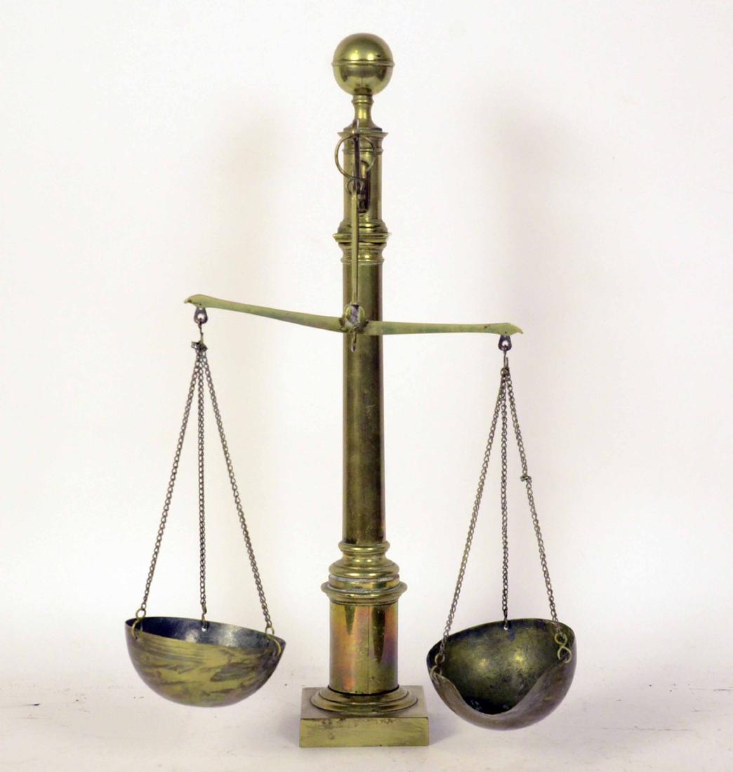 Brass Weight Measure: 20th C., with two holders on metal chains. 21"h x 13"w