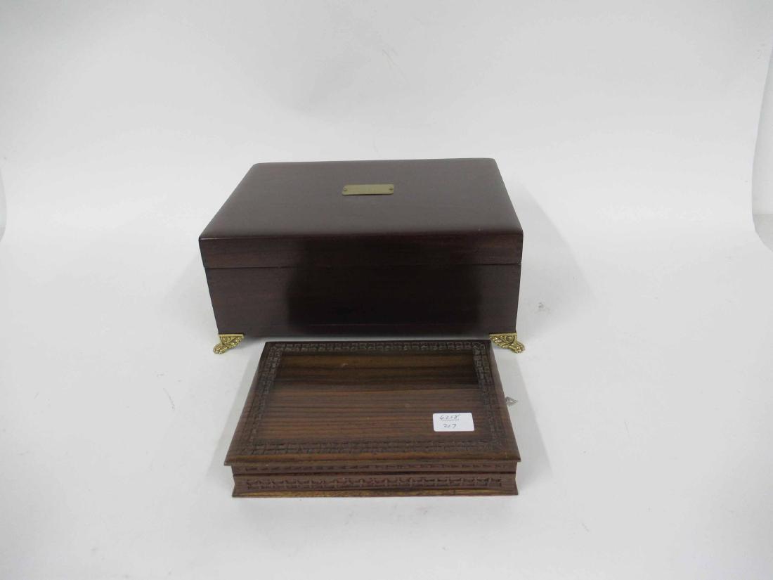 Mahogany Document Box with Double Handles: Brass monogrammed plate. Together with a hinged cigar box. Larger 6 1/2"h x 15 l x 11"w
