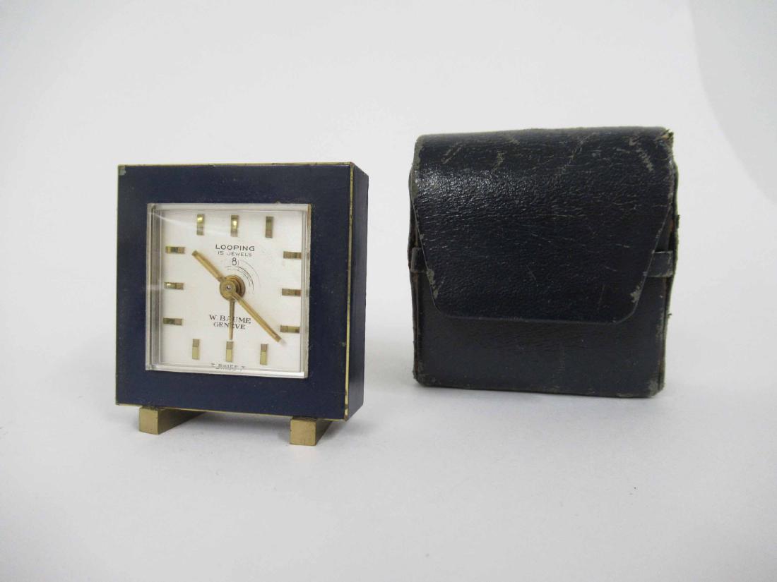 W. Baume Jeneve Travel Clock: Looping 15 jewels blue enamel travel clock. 1 7/8" x 1 7/8"