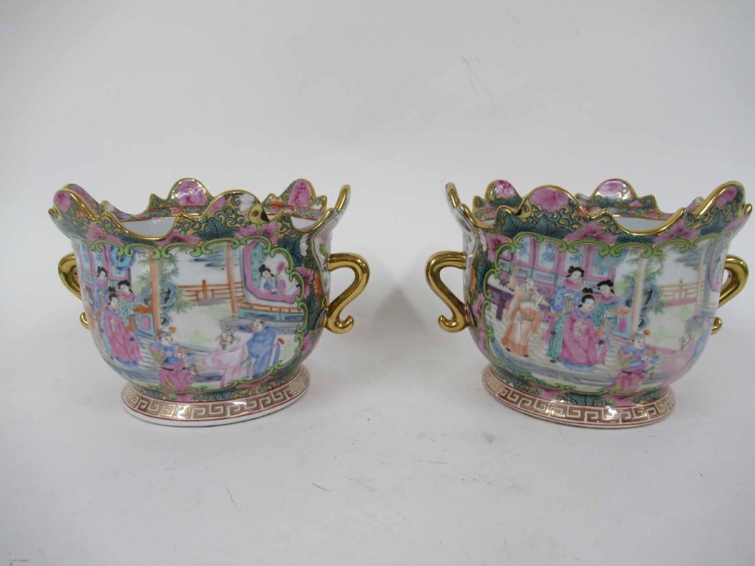 Pair of Famille Rose Style Handled Urns (1 of 9)