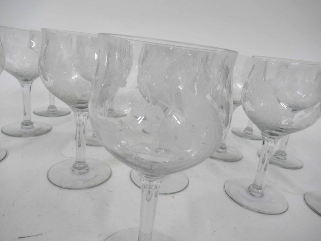 Sixteen Peacock Decorated Colorless Glass: Wine glasses. From The Estate of George M. Schott, Prominent Cincinnati Businessman.
