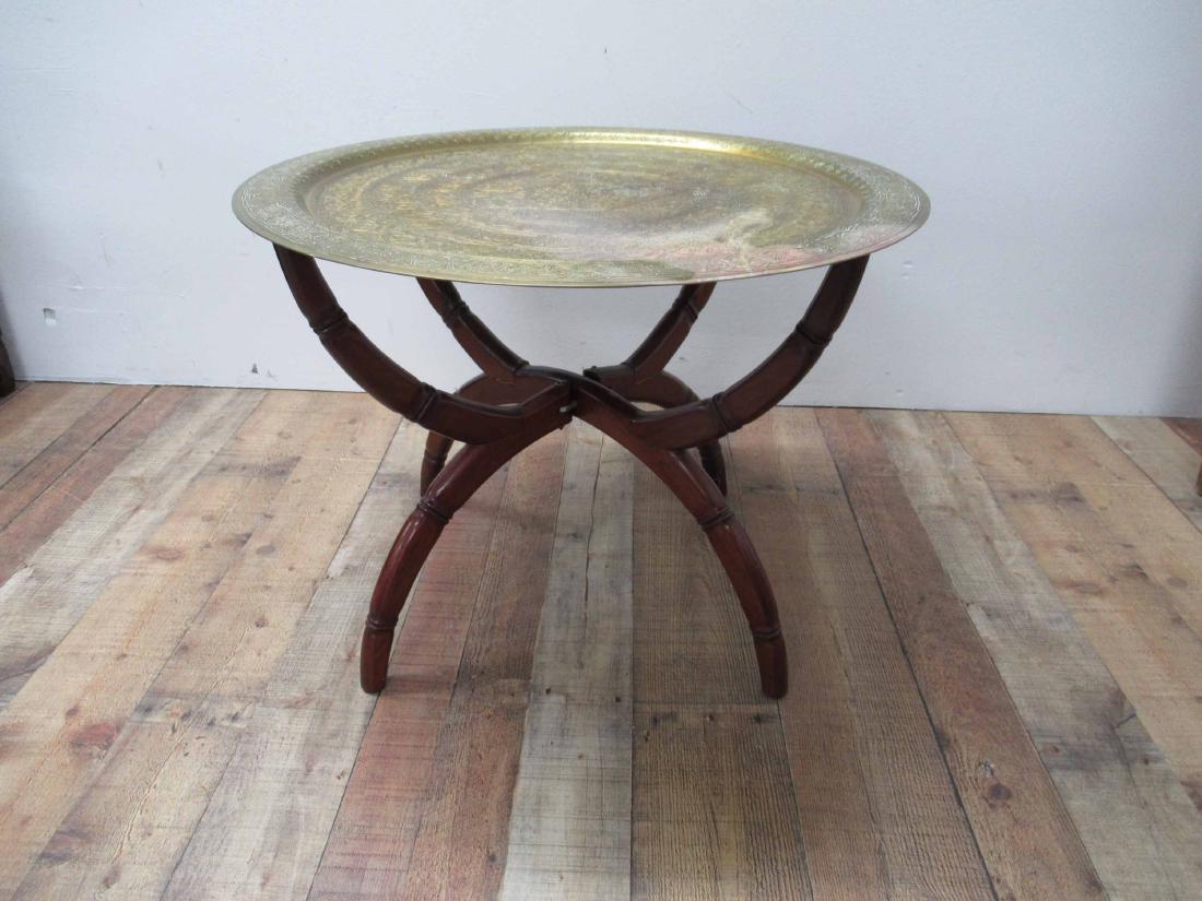 Oriental Style Brass Tray and Stand: Brass tray resting on hardwood collapsible stand. tray size 27 1/4" dia