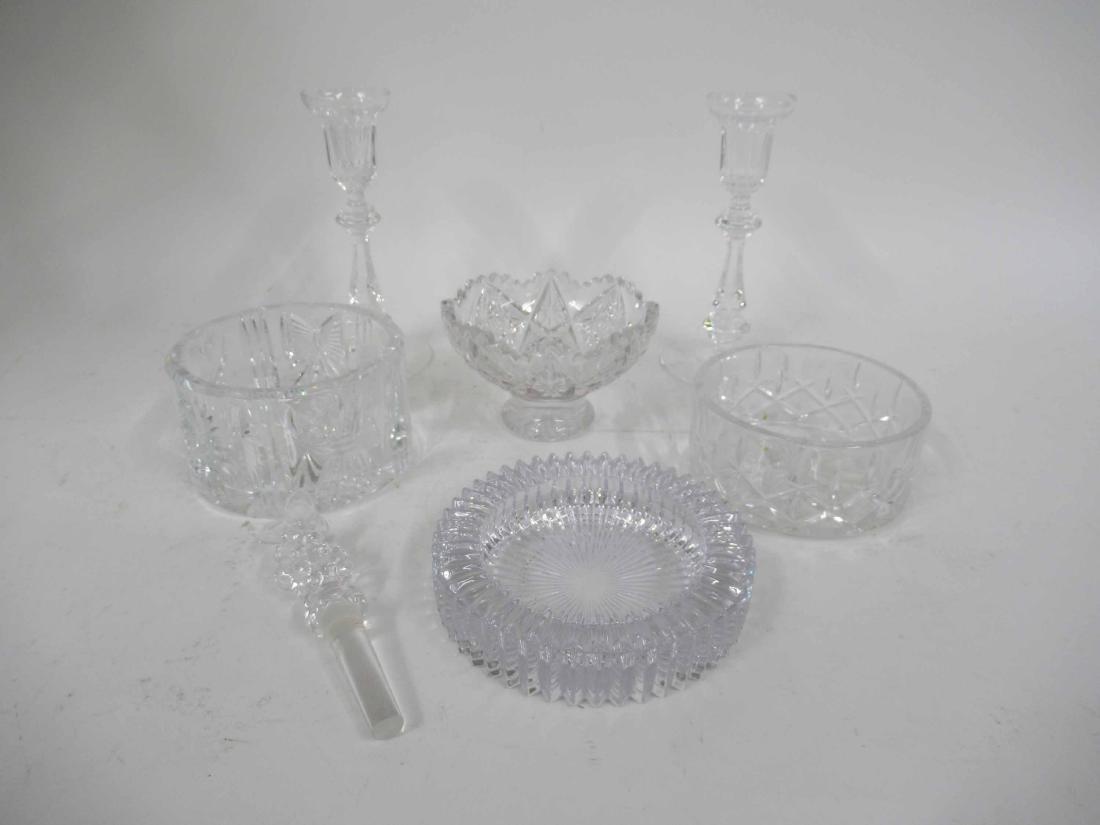 Pair Waterford Crystal Candlesticks &Wine Coaster: Together with a colorless glass ribbed dish, glass grape wine stopper and another glass wine coaster. Candlesticks 8"h