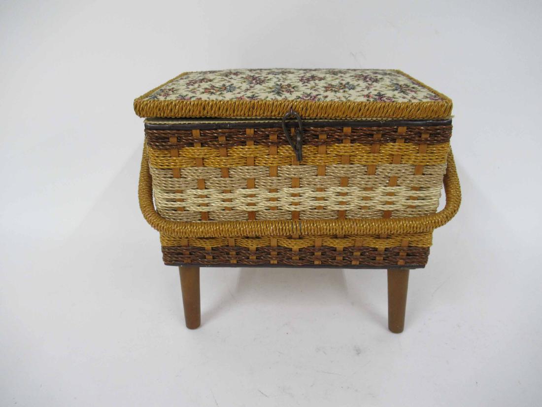Made exclusively for Singer Sewing Box: Floral upholstered top above a wicker basket. 14" handle to handle x 8 3/4" x 12" high
